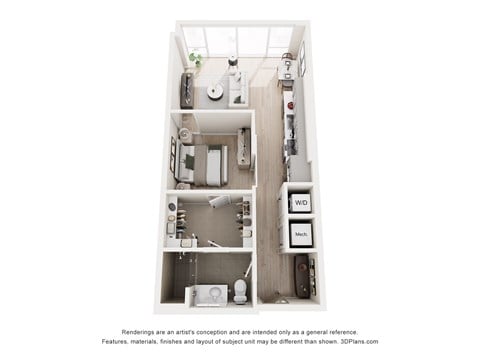 Floor plan for 1 bed, 1 bath, 666 sqft